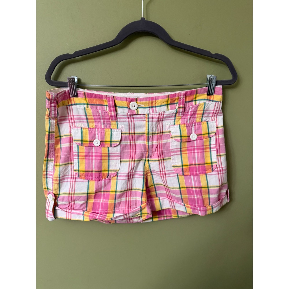 Polo Jeans Co Ralph Lauren Pink Yellow Plaid Cargo Shorts Women Size 8